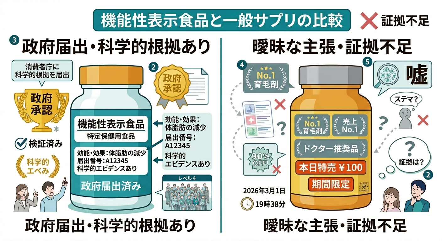 機能性表示食品と一般サプリの違いを示す図