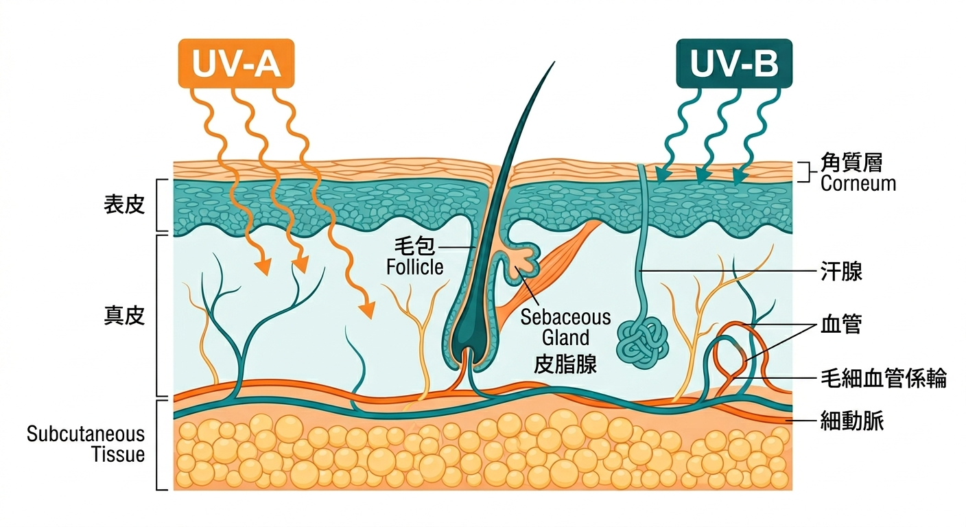 UVAとUVBの皮膚への浸透